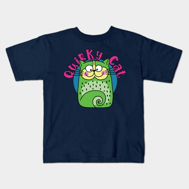 Quirky Cat Green Smiling Cat Kids T-Shirt by Dallen Fox